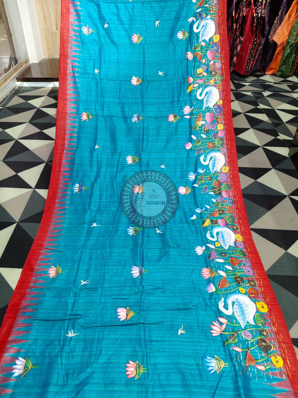Copper Sulphate Red Water Lily And Swan Theme Pattachitra Tussar Silk Saree