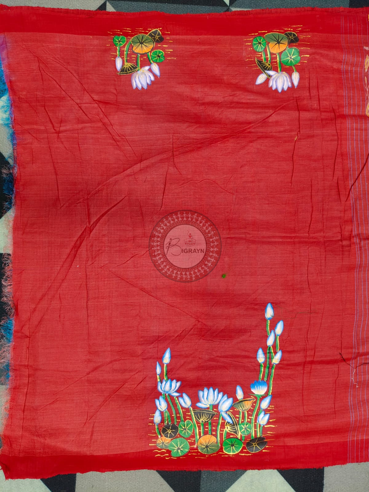 Copper Sulphate Red Water Lily And Swan Theme Pattachitra Tussar Silk Saree