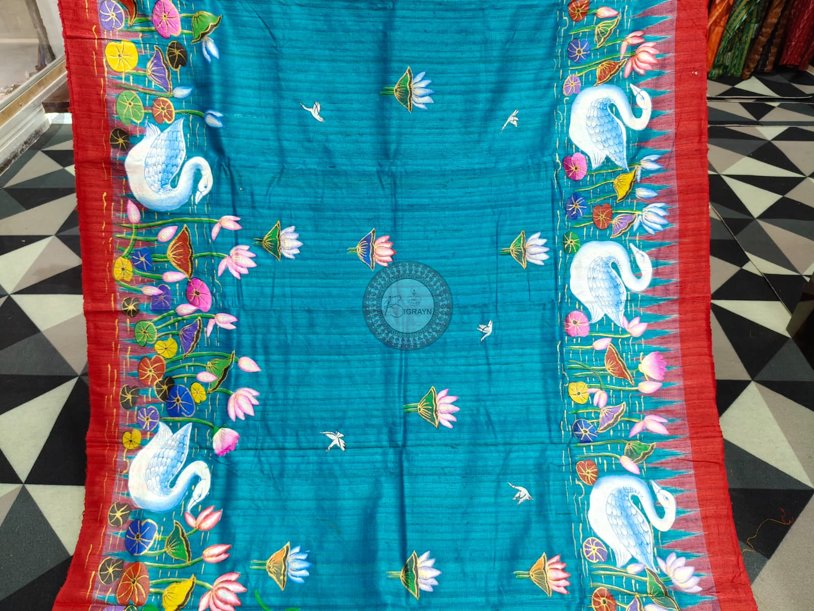Copper Sulphate Red Water Lily And Swan Theme Pattachitra Tussar Silk Saree