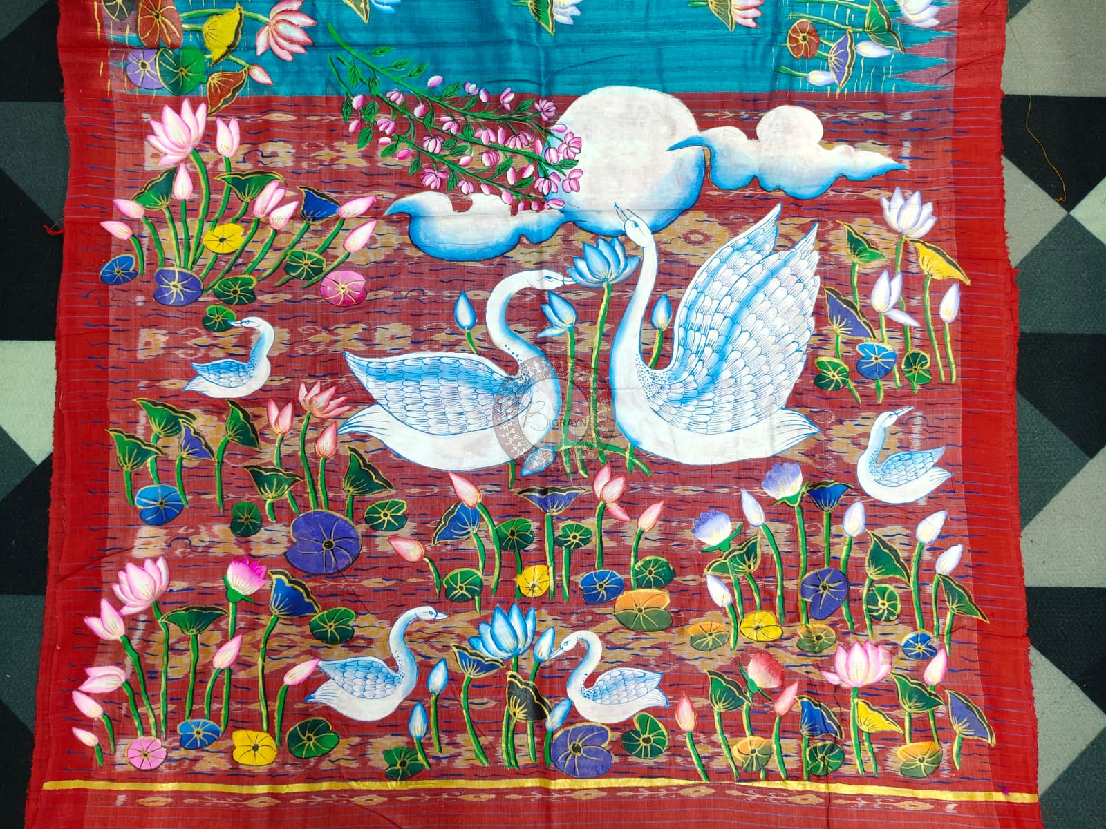 Copper Sulphate Red Water Lily And Swan Theme Pattachitra Tussar Silk Saree