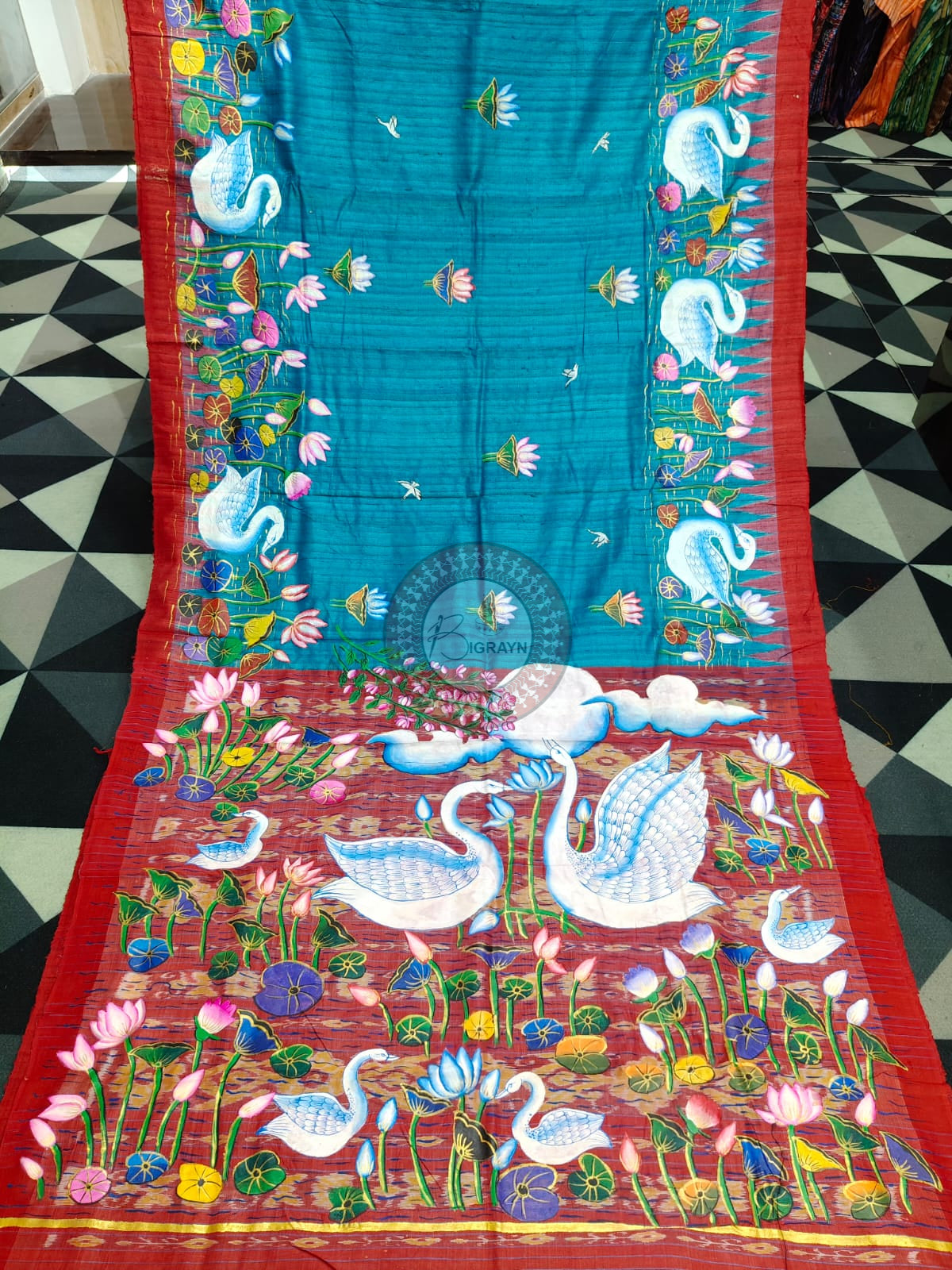 Copper Sulphate Red Water Lily And Swan Theme Pattachitra Tussar Silk Saree