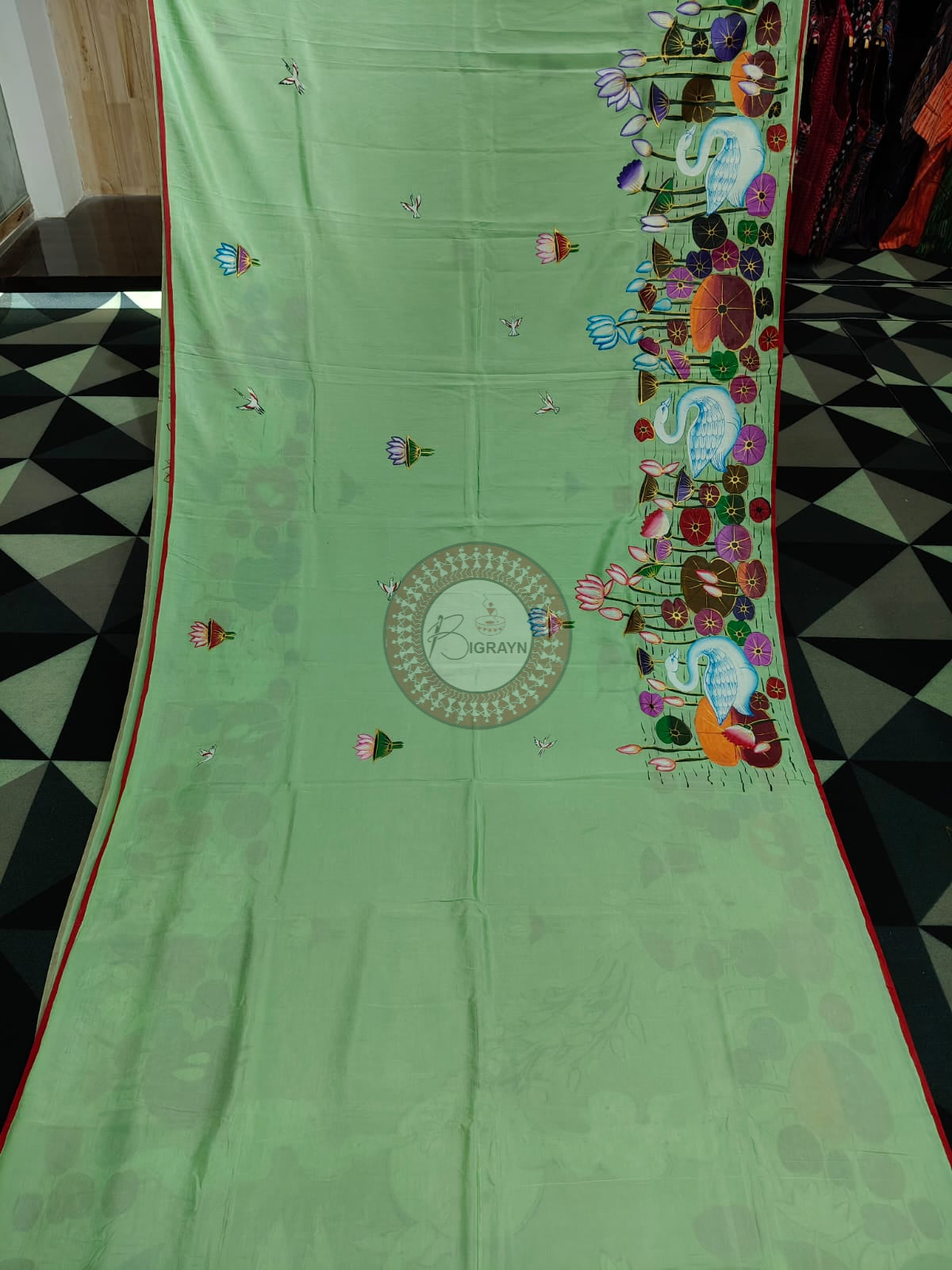 Pista Water Lily And Swan Theme Pattachitra Khadi Silk Saree
