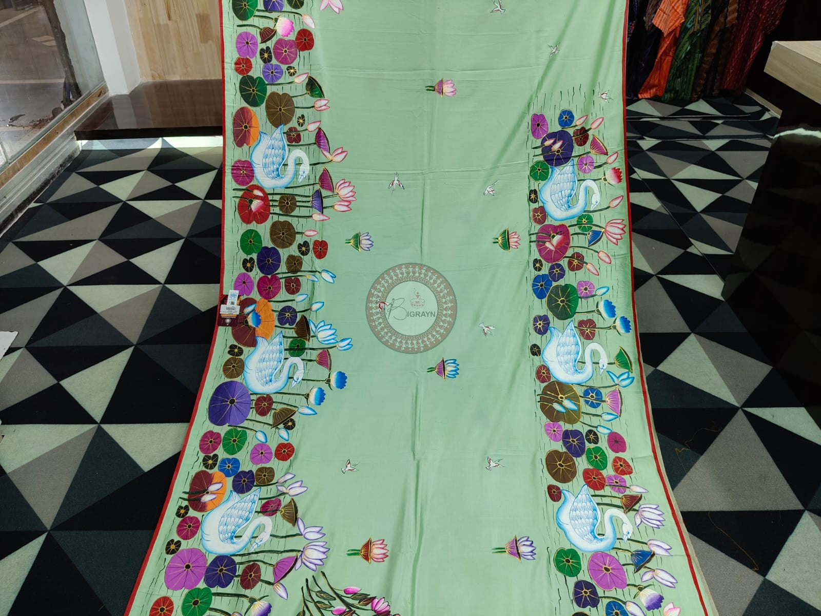 Pista Water Lily And Swan Theme Pattachitra Khadi Silk Saree