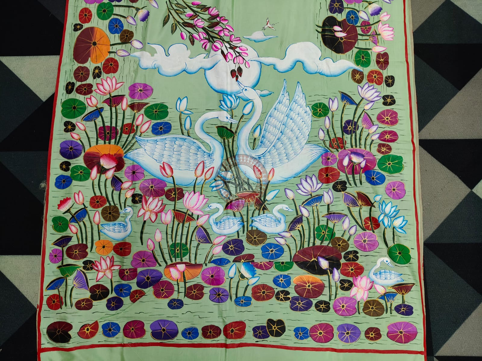 Pista Water Lily And Swan Theme Pattachitra Khadi Silk Saree