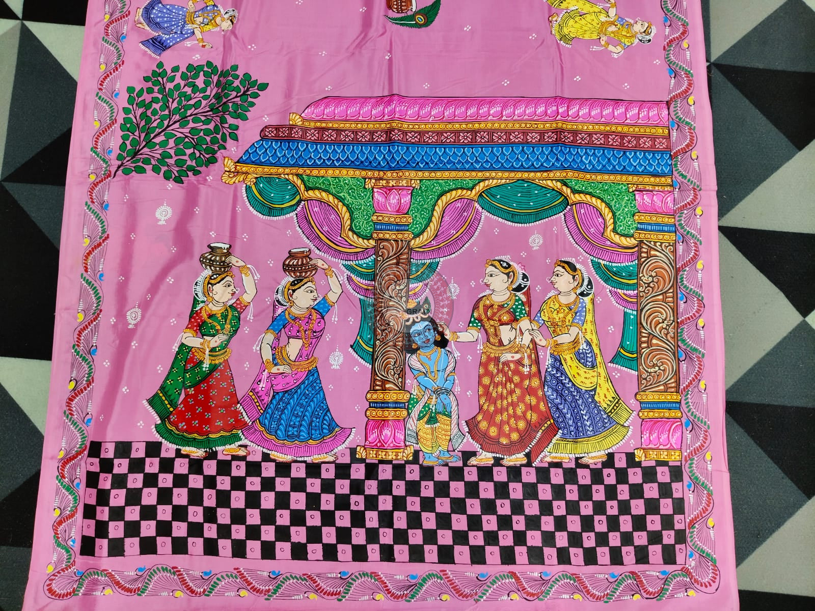 Pink Labani Chori Theme Pattachitra Khadi Silk Saree