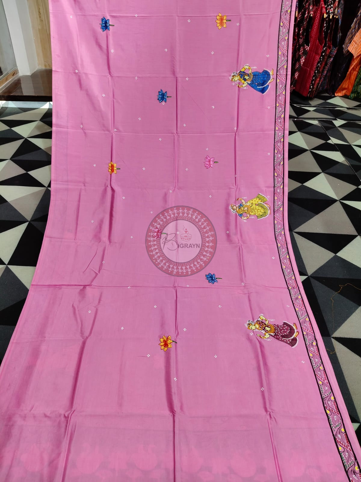 Pink Radha Krishna Rasa Theme Pattachitra Khadi Silk Saree