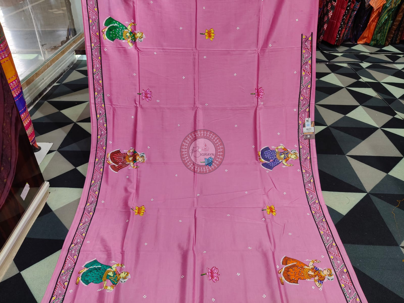 Pink Radha Krishna Rasa Theme Pattachitra Khadi Silk Saree