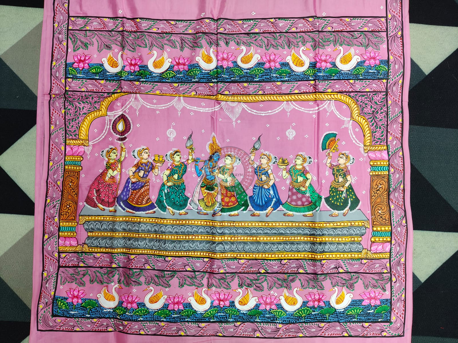 Pink Radha Krishna Rasa Theme Pattachitra Khadi Silk Saree