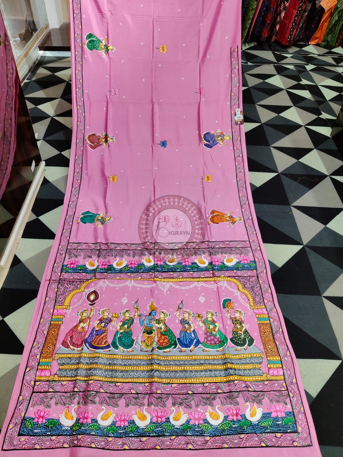 Pink Radha Krishna Rasa Theme Pattachitra Khadi Silk Saree
