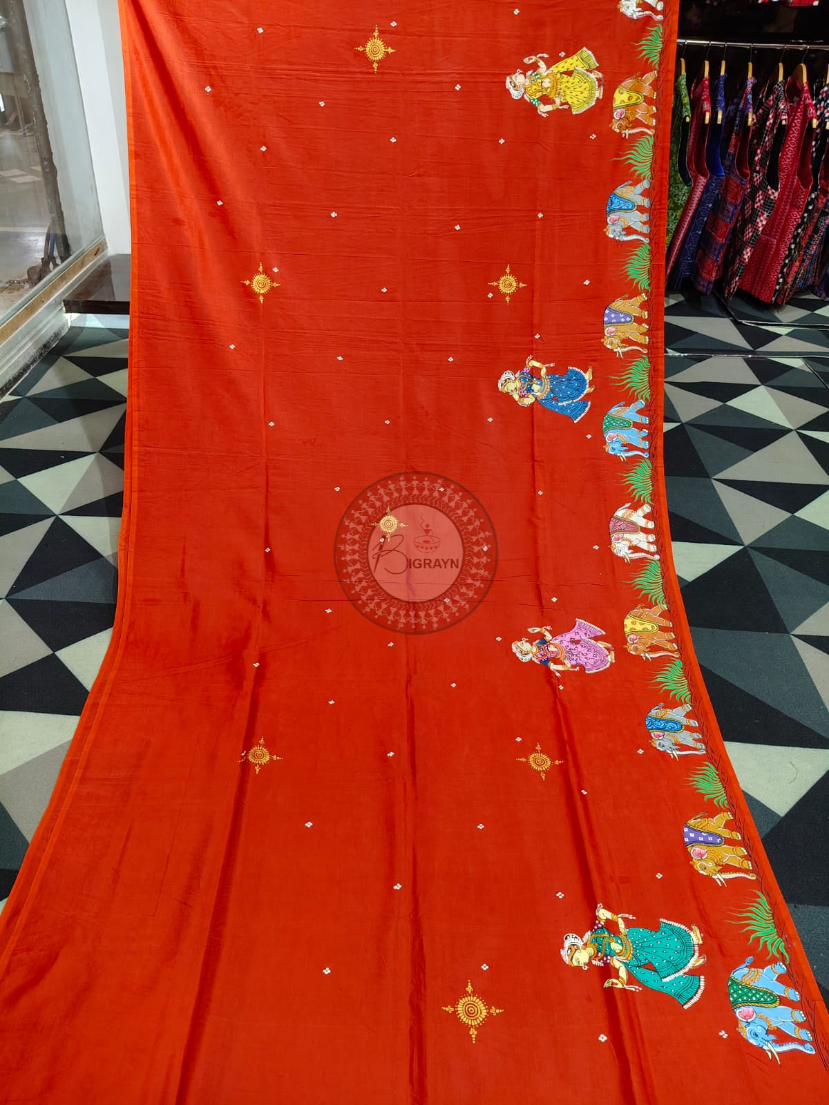 Red Radha Krishna Rasa Theme Pattachitra Khadi Silk Saree