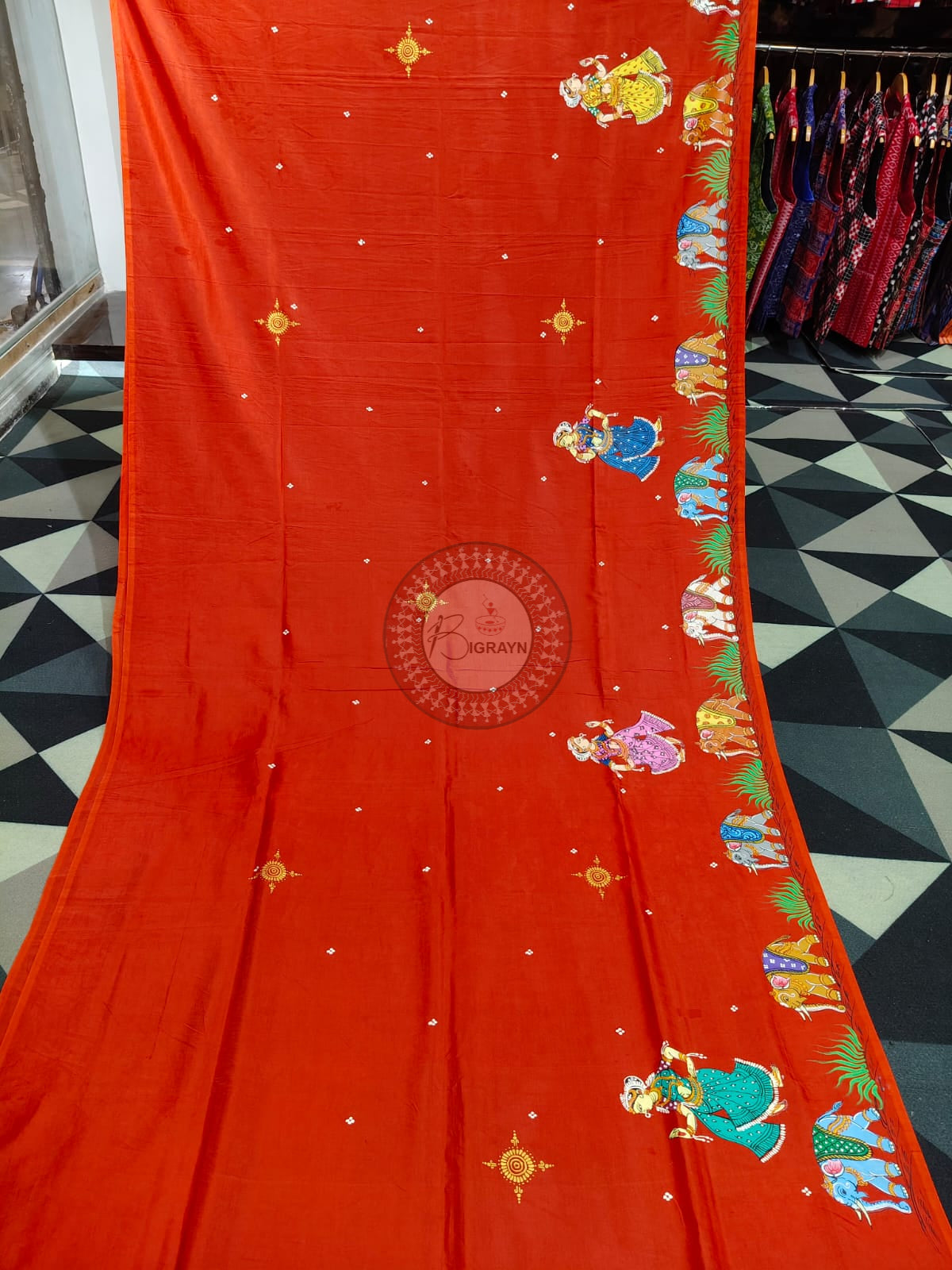 Red Radha Krishna Rasa Theme Pattachitra Khadi Silk Saree