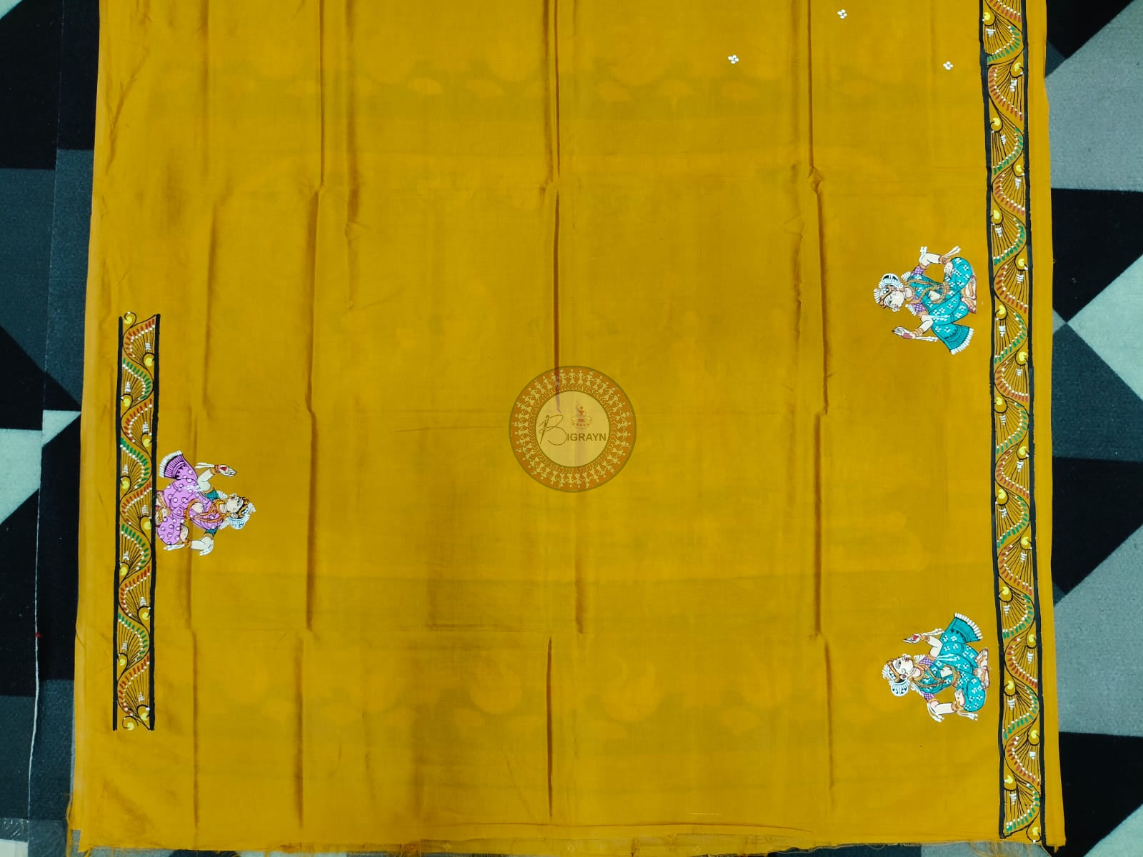 Yellow Radha Krishna Rasa Theme Pattachitra Khadi Silk Saree