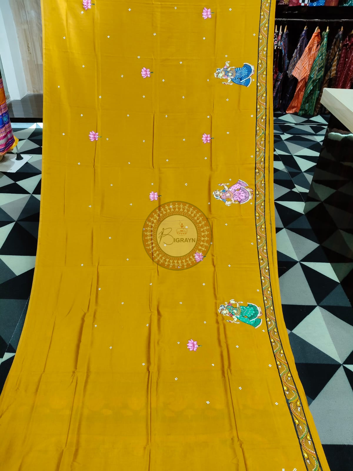 Yellow Radha Krishna Rasa Theme Pattachitra Khadi Silk Saree
