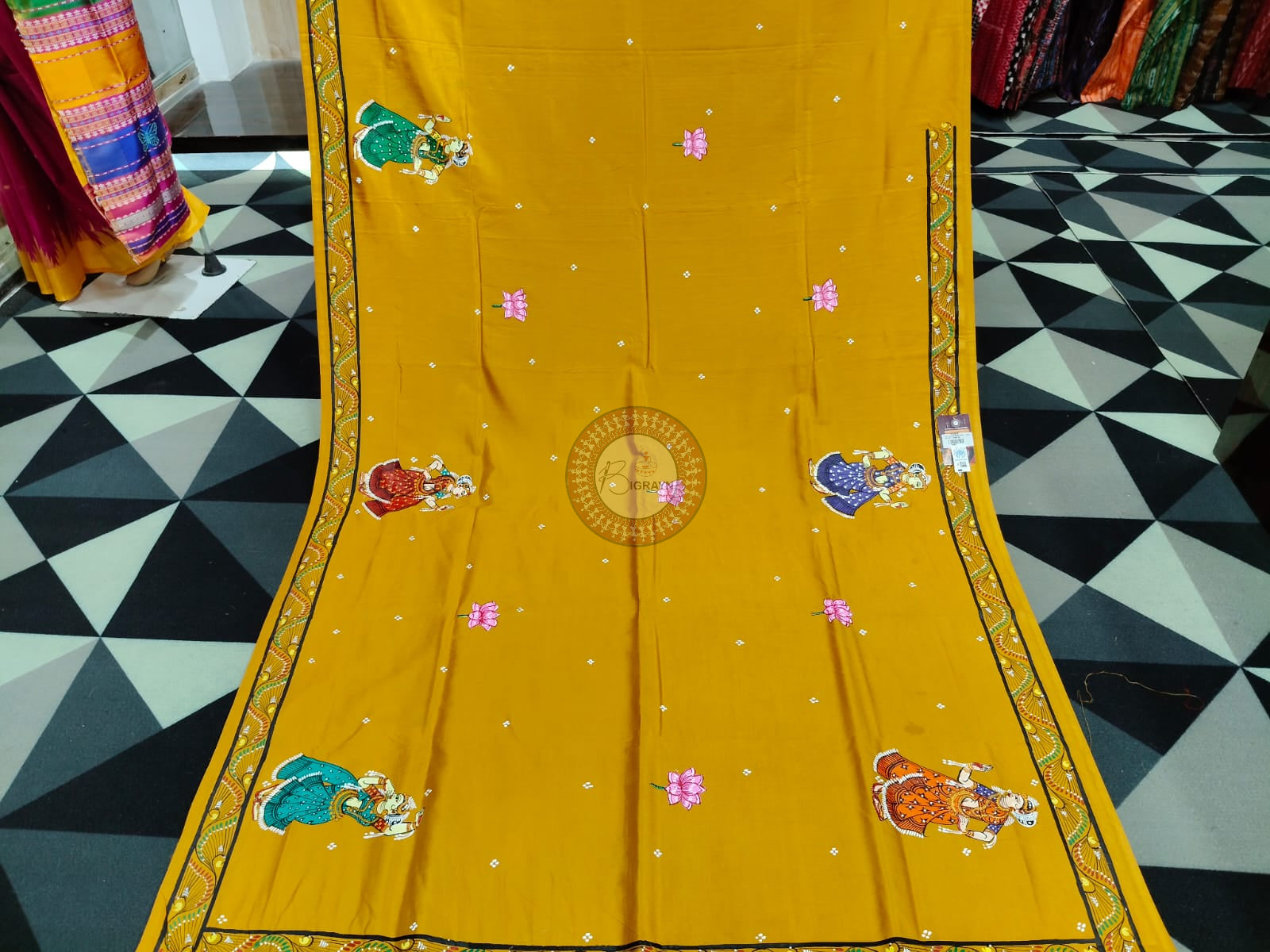 Yellow Radha Krishna Rasa Theme Pattachitra Khadi Silk Saree