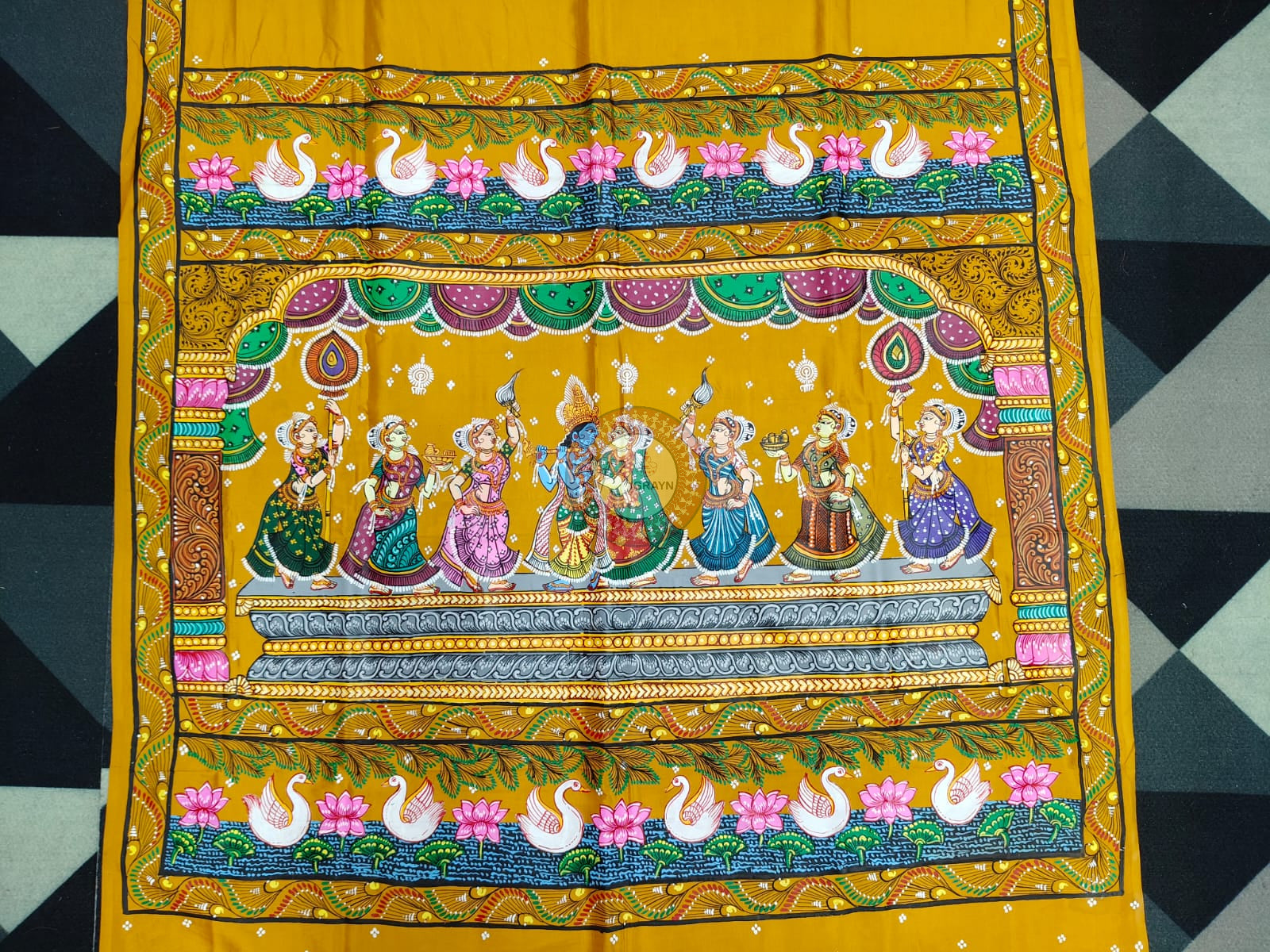 Yellow Radha Krishna Rasa Theme Pattachitra Khadi Silk Saree
