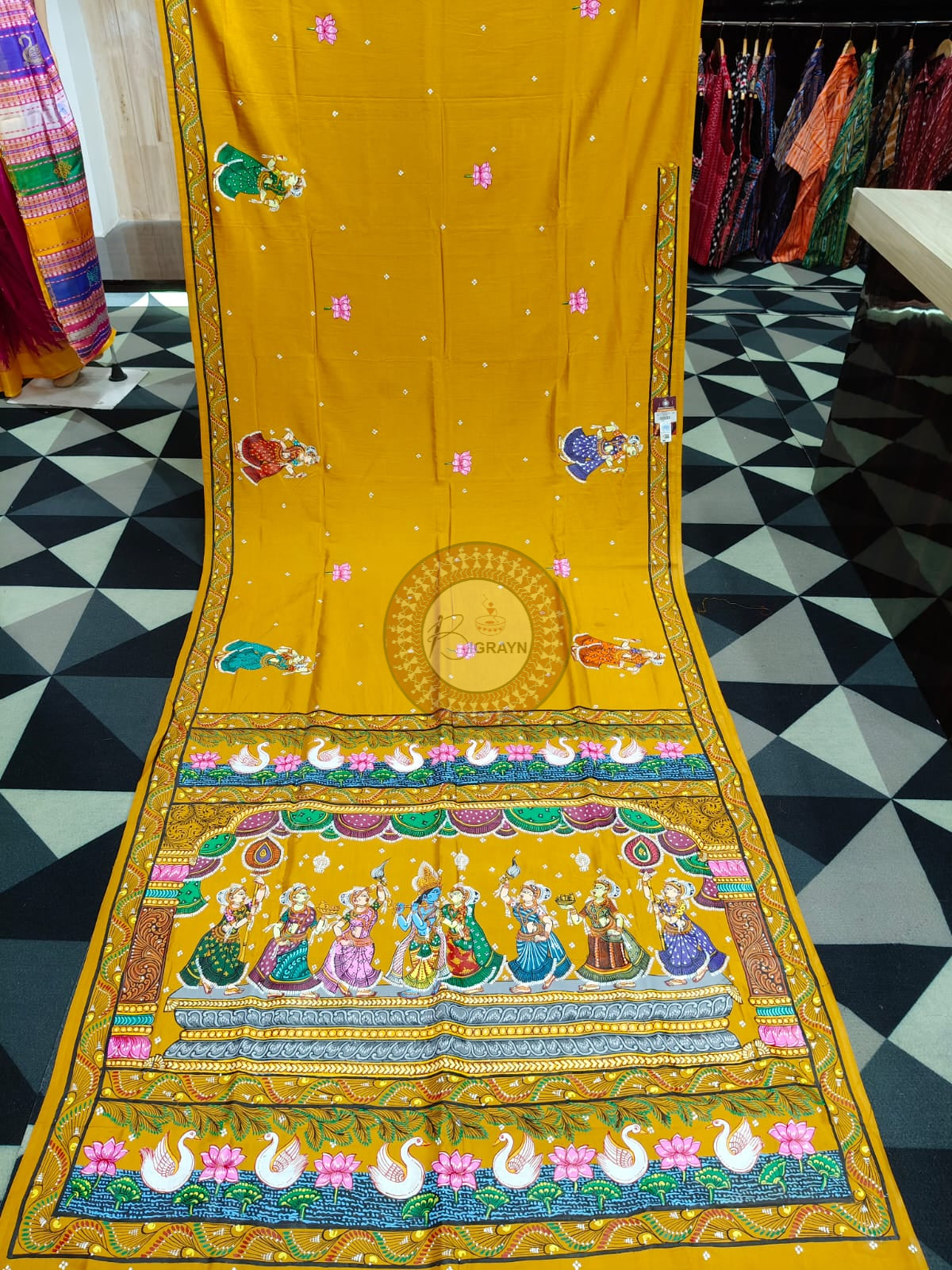 Yellow Radha Krishna Rasa Theme Pattachitra Khadi Silk Saree
