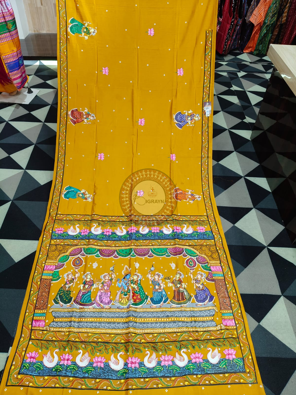 Yellow Radha Krishna Rasa Theme Pattachitra Khadi Silk Saree