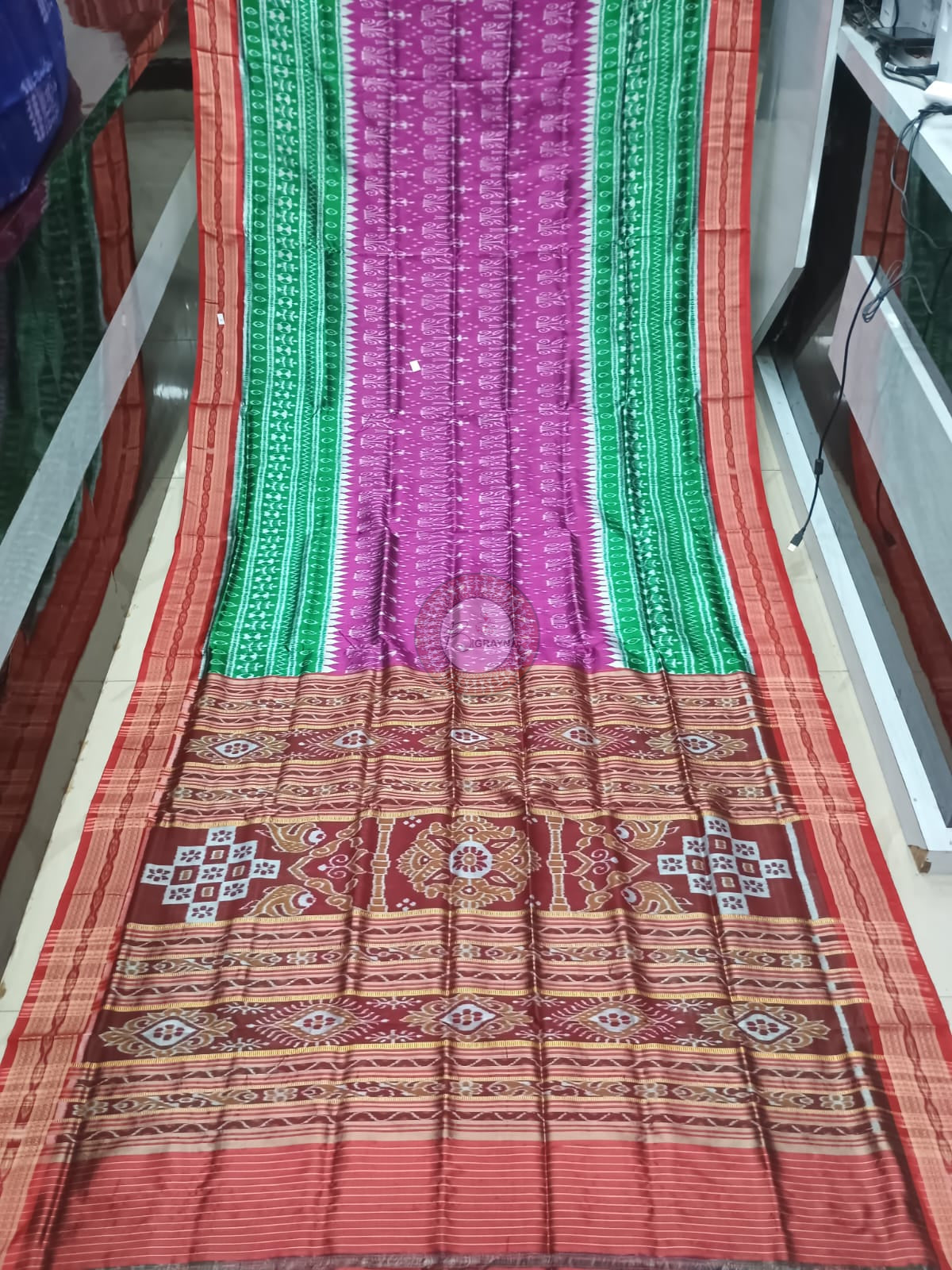 Green Magenta Red Half Half Tribal tree Design Khandua Silk Saree