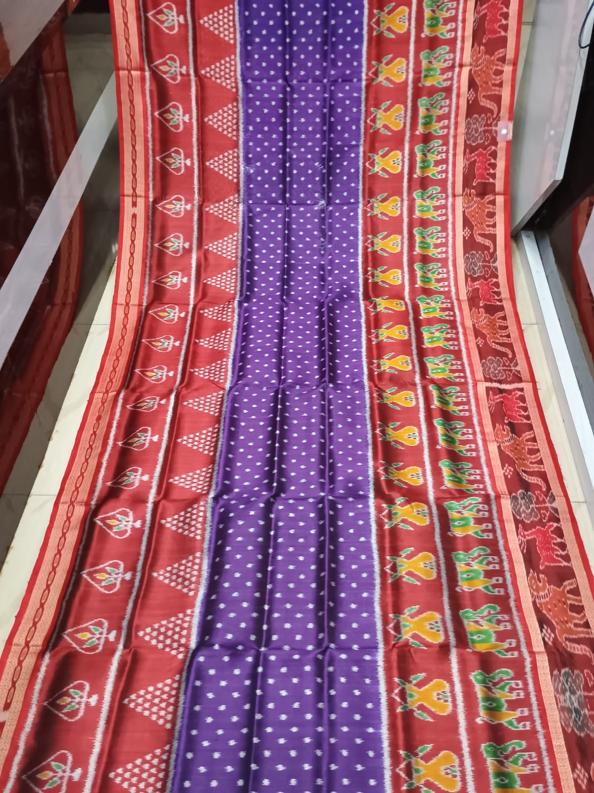 Purple Red Animal Scot Design Khandua Silk Saree