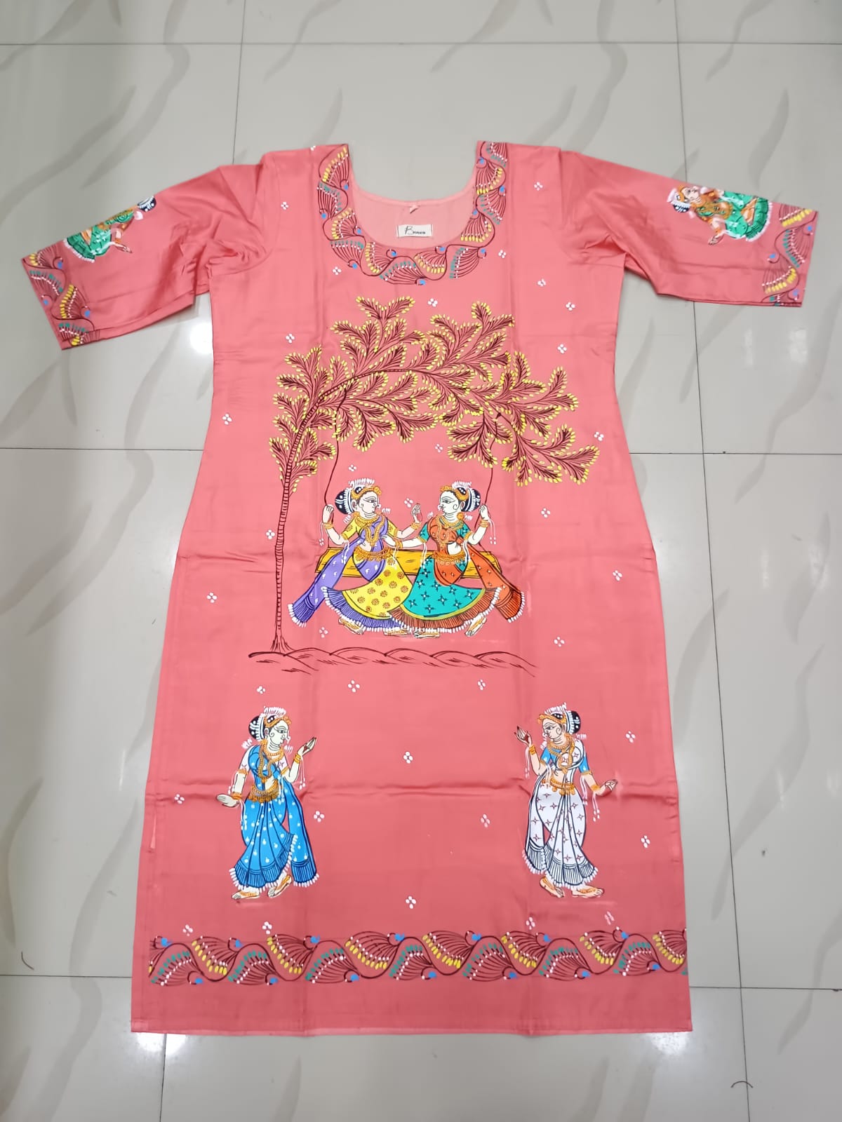Peach Raja Doli Theme Hand Painted Pattachitra Khadi Silk Kurti