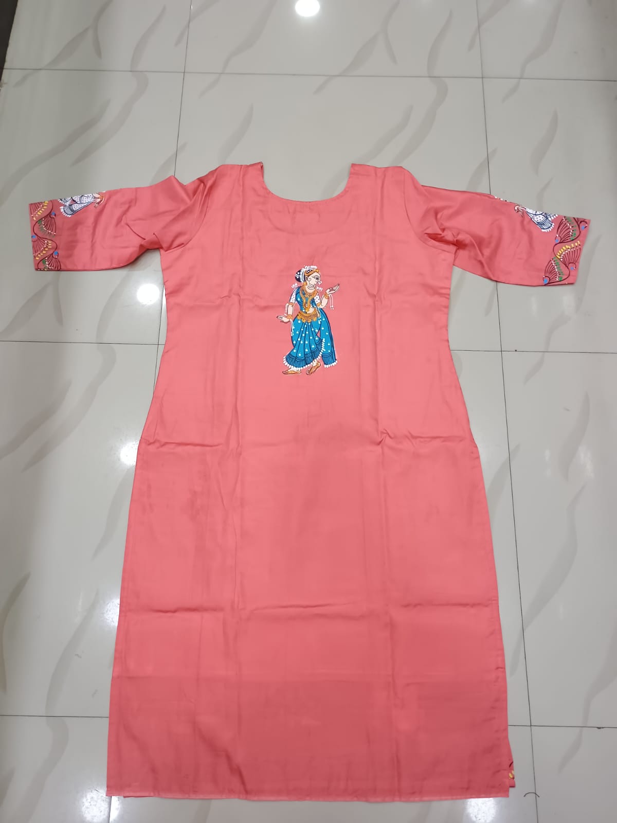 Peach Dancer Theme Hand Painted Pattachitra Khadi Silk Kurti