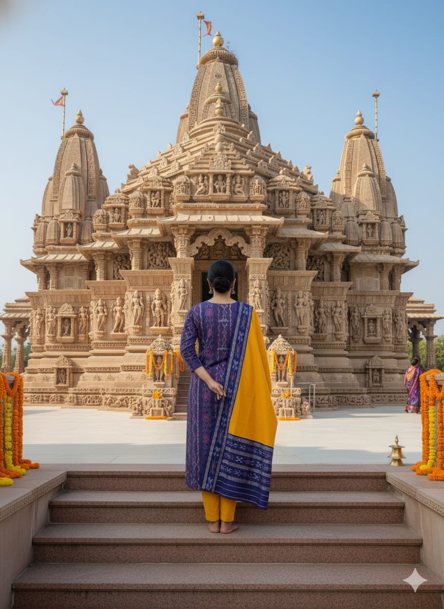 Blue Yellow Handwoven Odisha Ikat Unstitched Dress Material Set (Top 2.5m, Bottom 2m, Dupatta 2.5m)