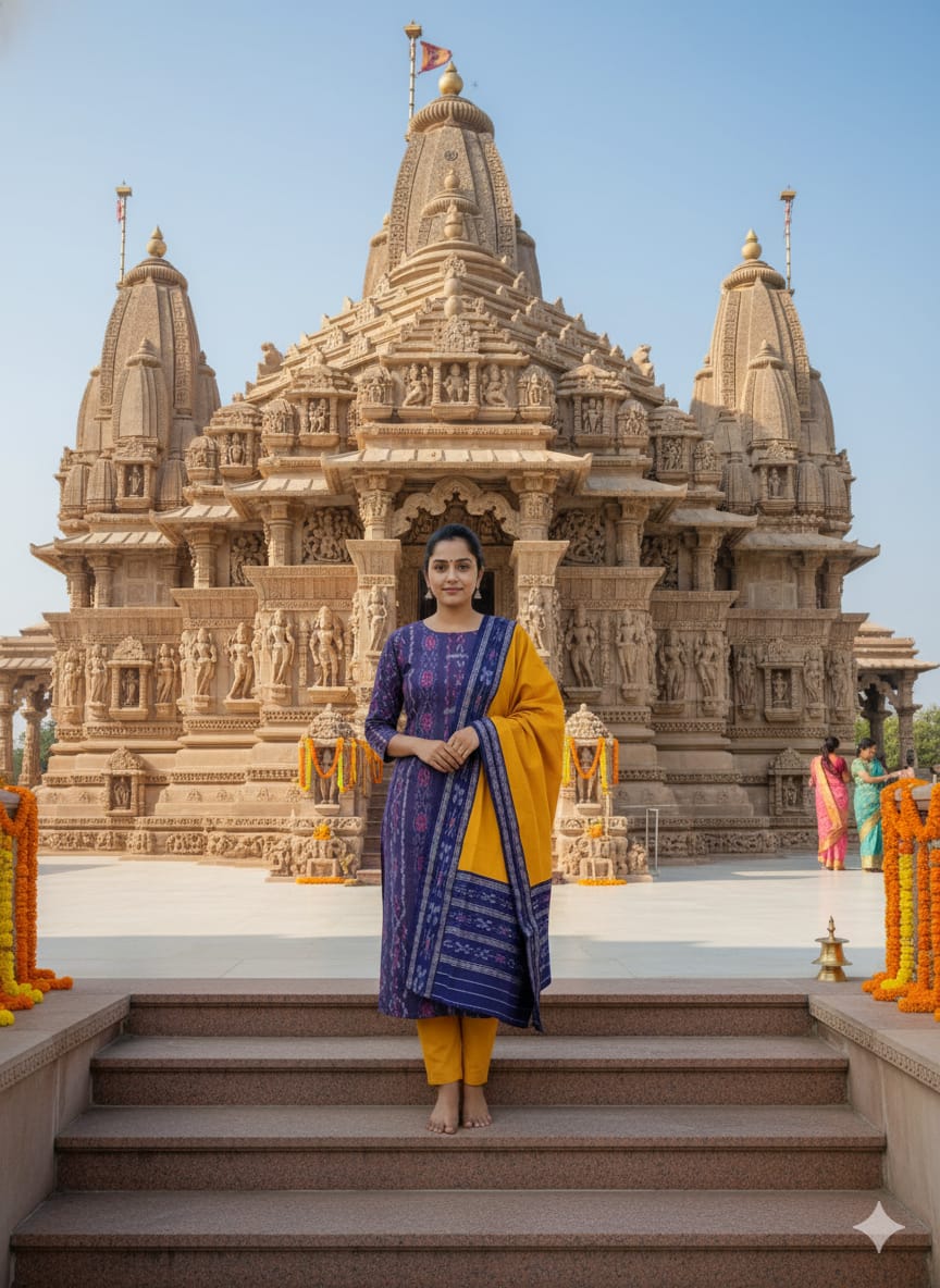 Blue Yellow Handwoven Odisha Ikat Unstitched Dress Material Set (Top 2.5m, Bottom 2m, Dupatta 2.5m)