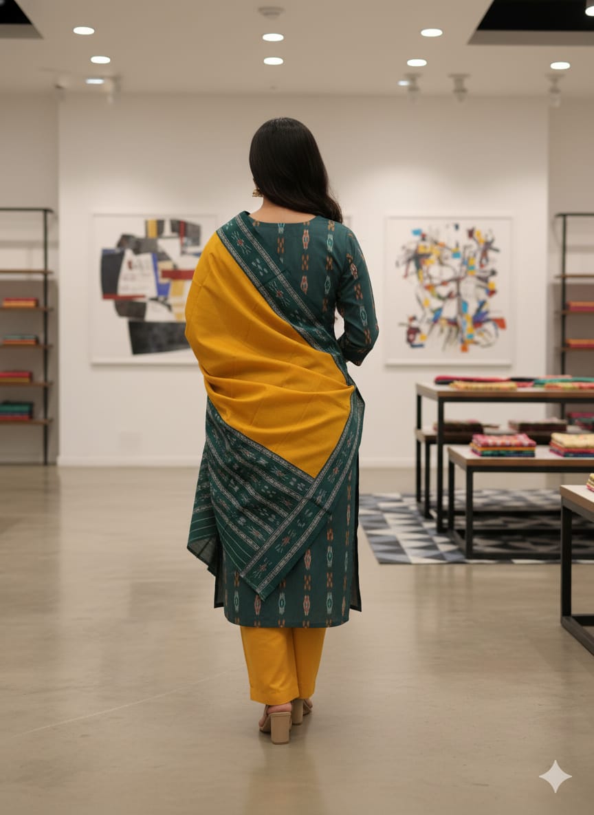 Green Yellow Handwoven Odisha Ikat Unstitched Dress Material Set (Top 2.5m, Bottom 2m, Dupatta 2.5m)