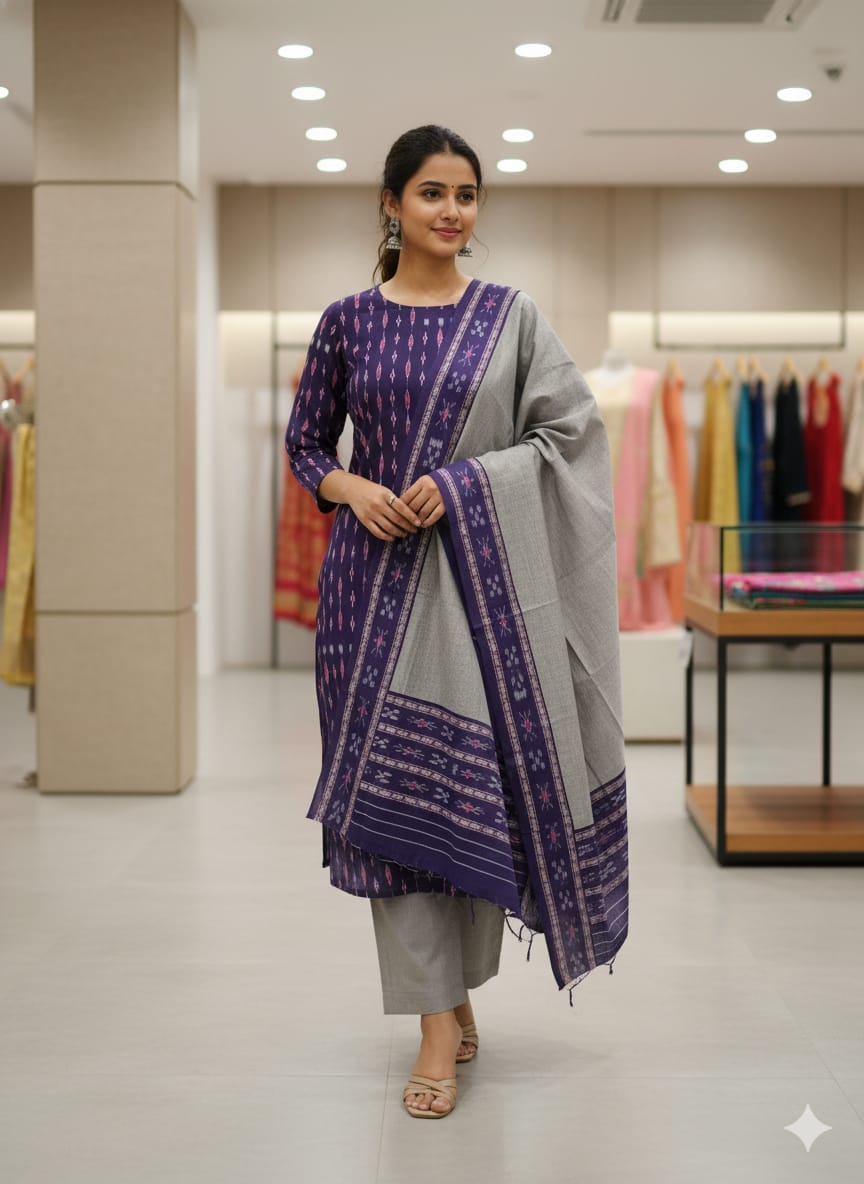 Blue Grey Handwoven Odisha Ikat Unstitched Dress Material Set (Top 2.5m, Bottom 2m, Dupatta 2.5m)