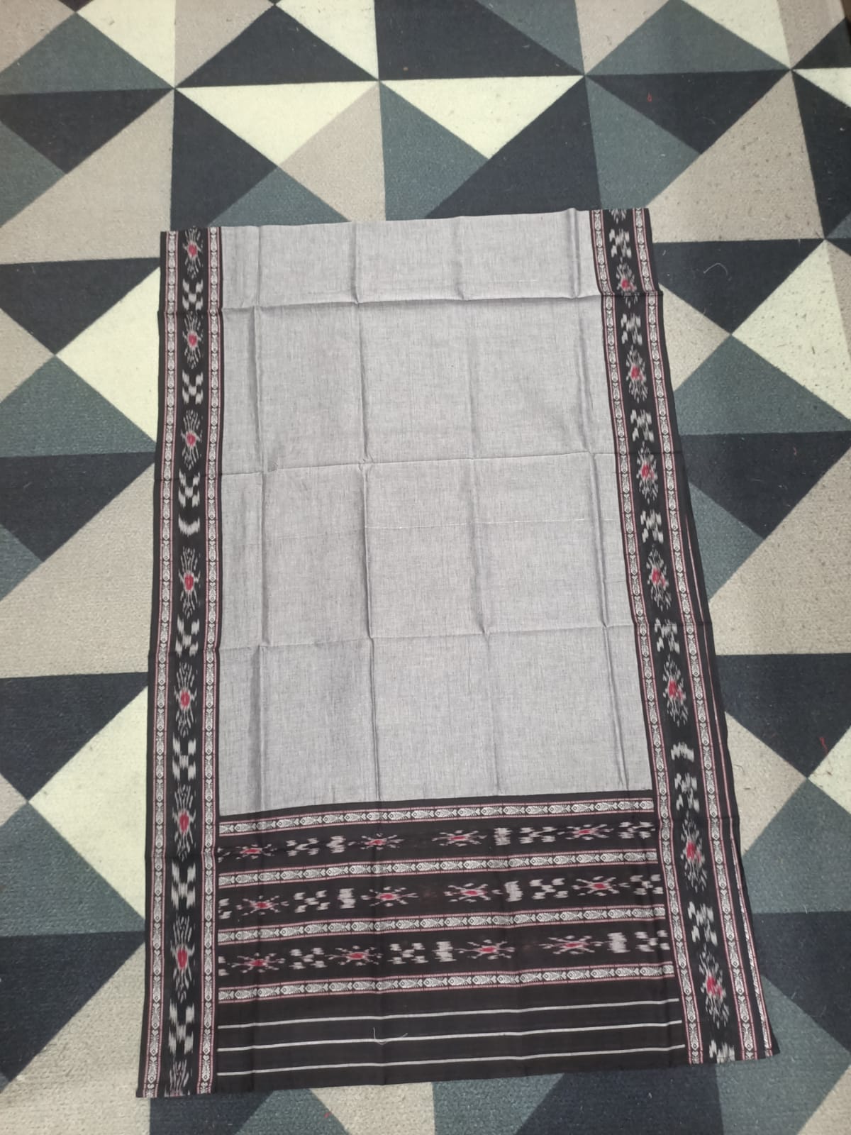 Black Grey Handwoven Odisha Ikat Unstitched Dress Material Set (Top 2.5m, Bottom 2m, Dupatta 2.5m)