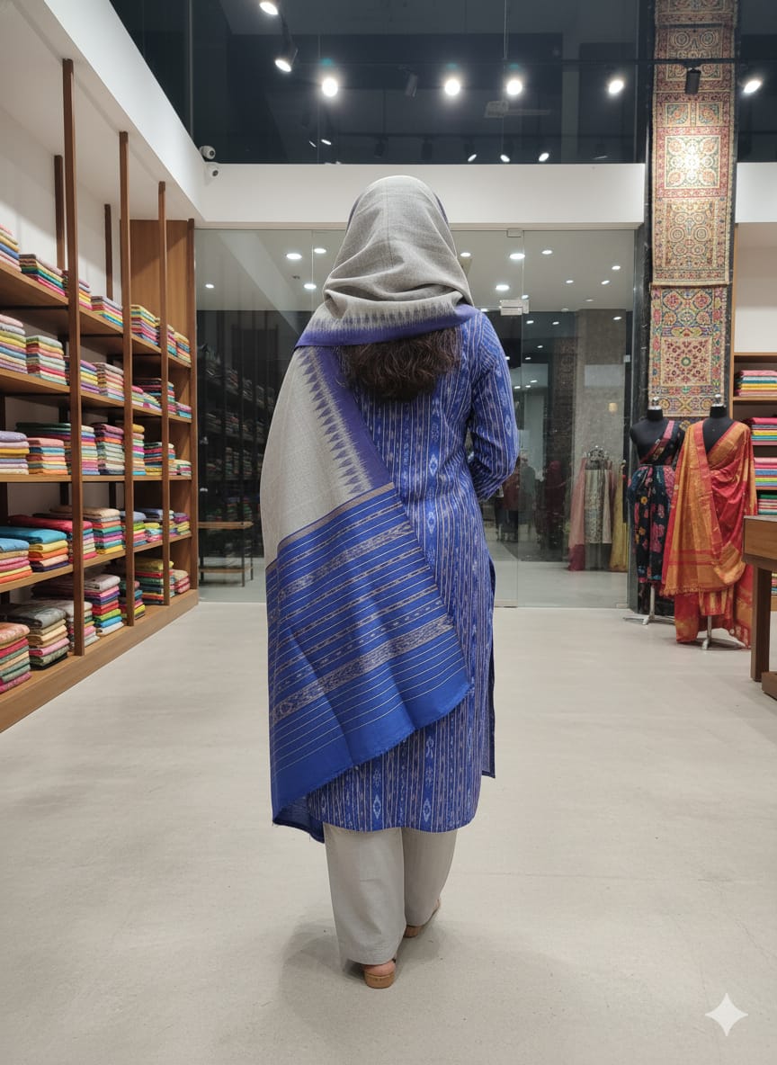 Blue Grey Handwoven Odisha Ikat Unstitched Dress Material Set (Top 2.5m, Bottom 2m, Dupatta 2.5m)