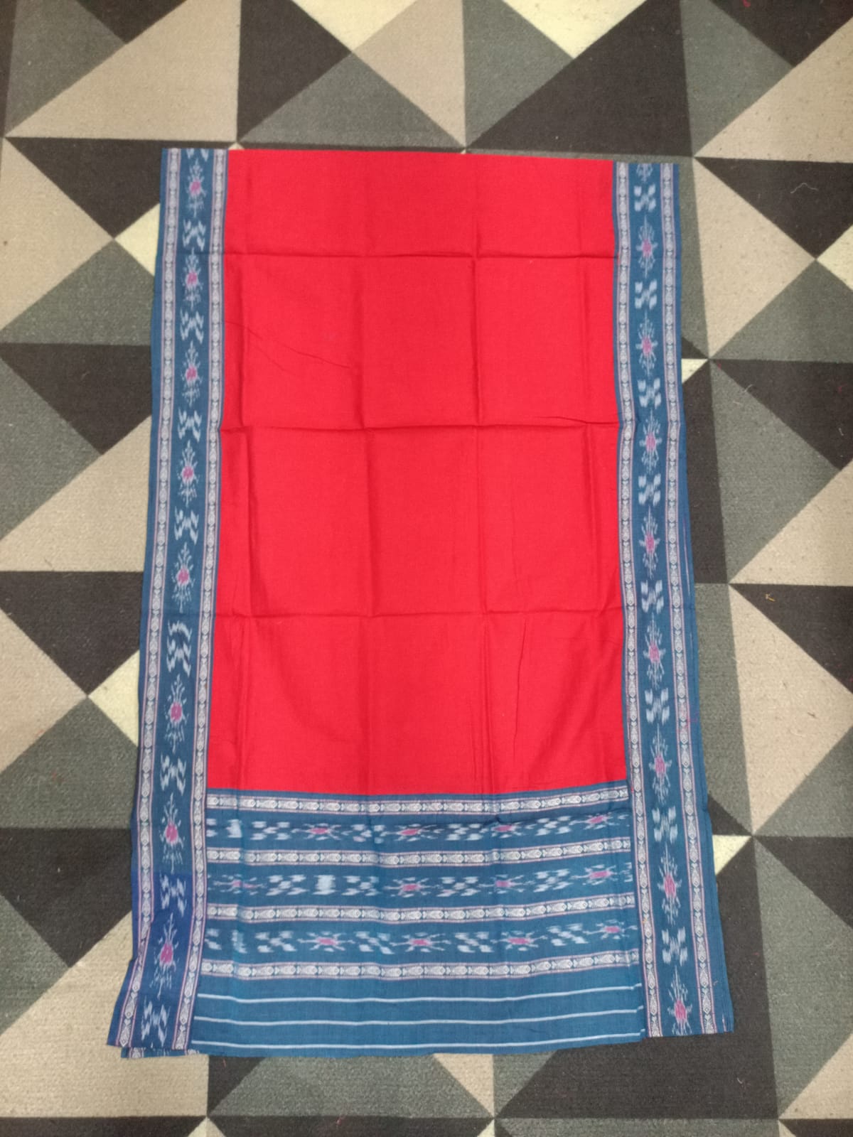 Blue Red Handwoven Odisha Ikat Unstitched Dress Material Set (Top 2.5m, Bottom 2m, Dupatta 2.5m)