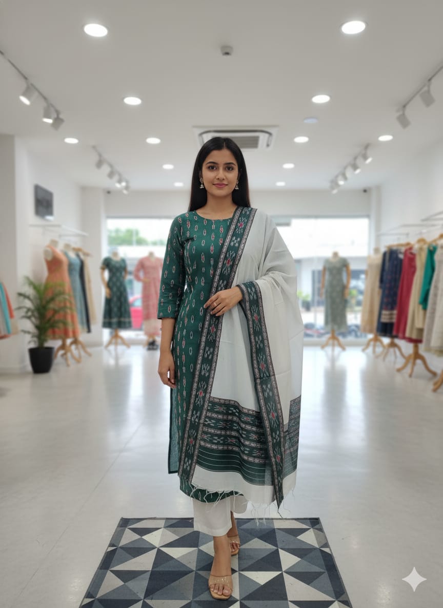 Green White Handwoven Odisha Ikat Unstitched Dress Material Set (Top 2.5m, Bottom 2m, Dupatta 2.5m)