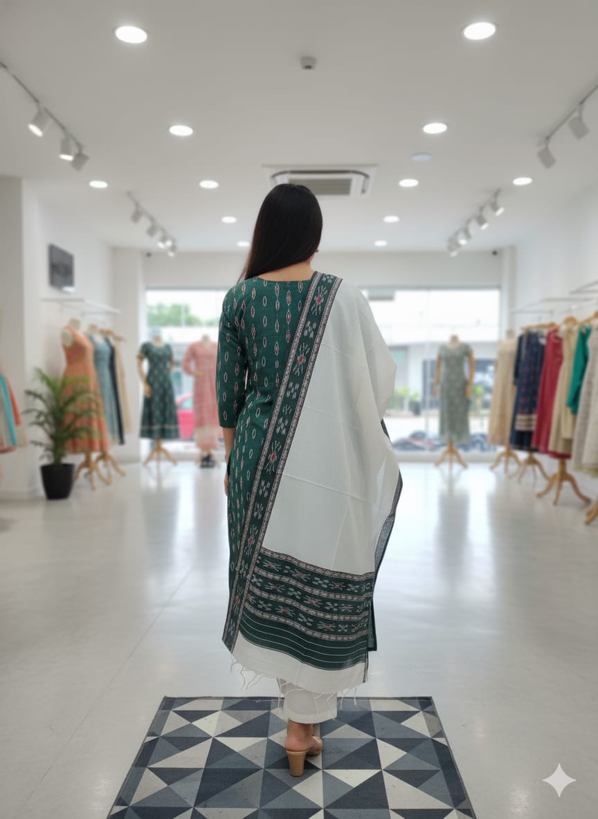 Green White Handwoven Odisha Ikat Unstitched Dress Material Set (Top 2.5m, Bottom 2m, Dupatta 2.5m)