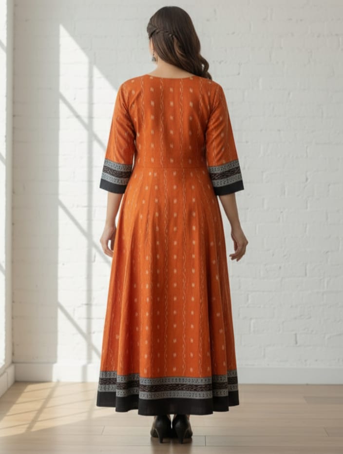 Orange Black Pasapali And Flower Designer A-Line Anarkali