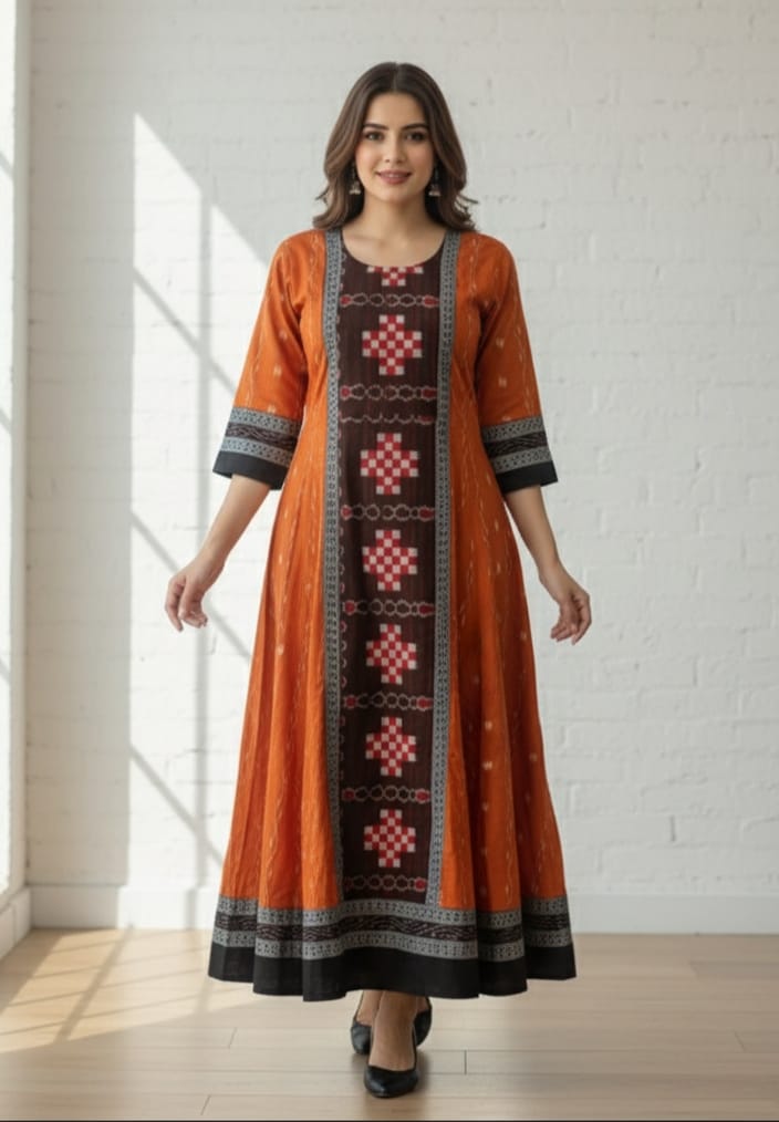 Orange Black Pasapali And Flower Designer A-Line Anarkali