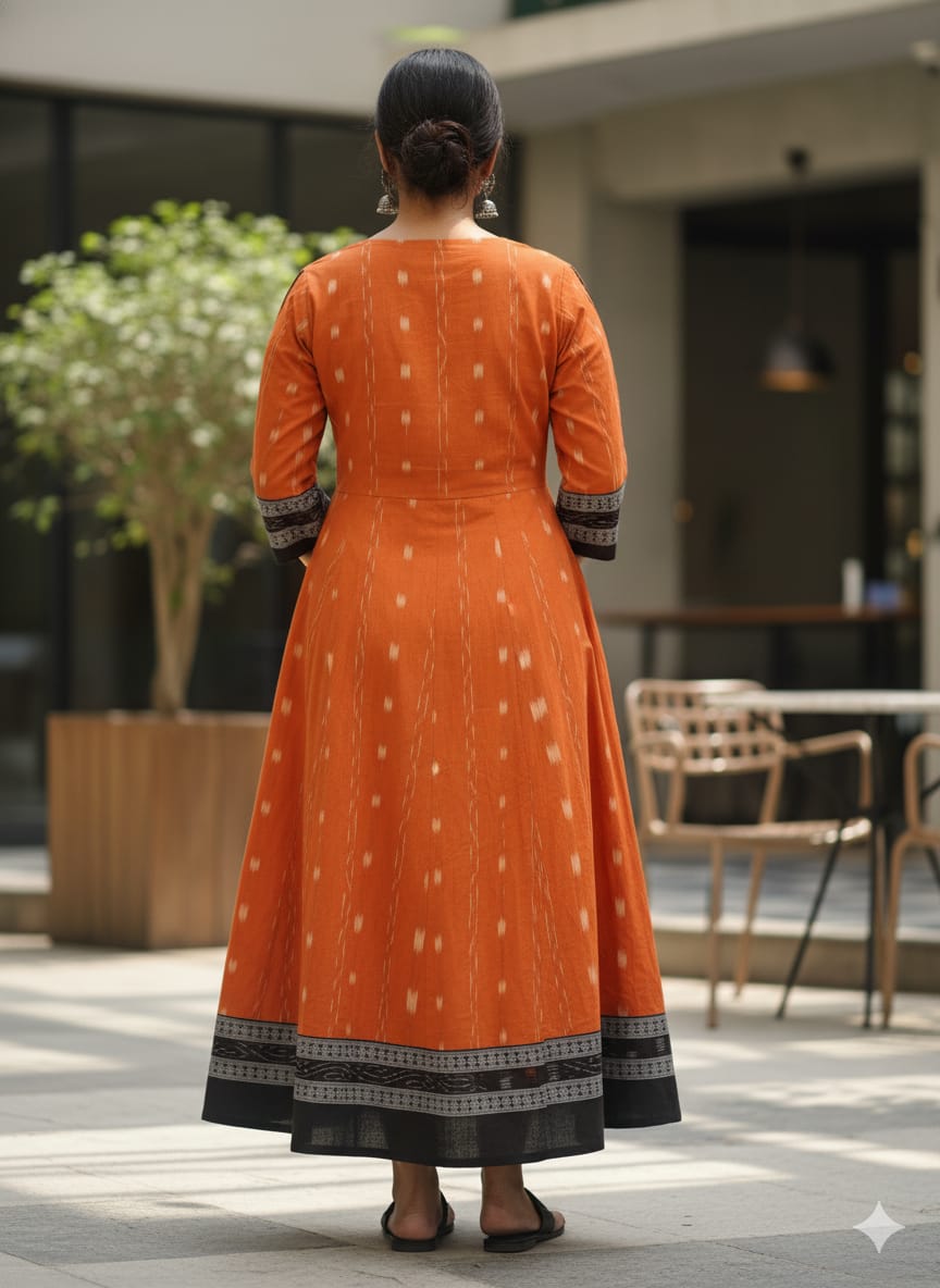 Orange Black Small Pasapali Designer A-Line Anarkali