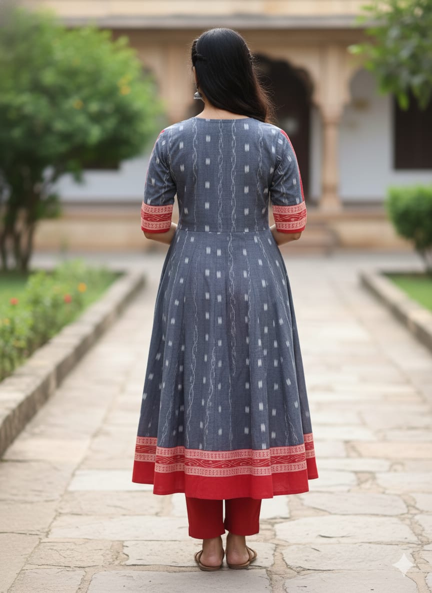Grey Red Pasapali Designer A-Line Anarkali