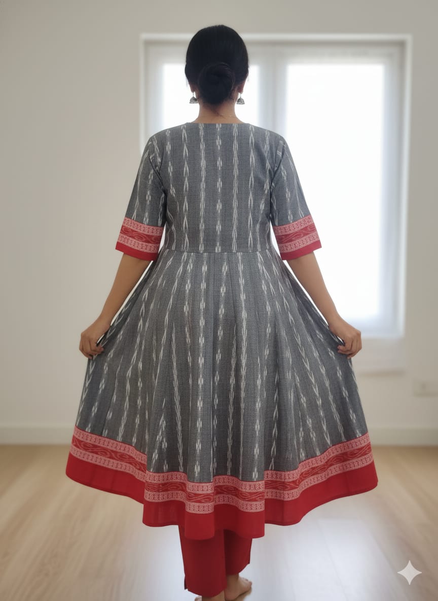 Grey Red Mini Pasapali Designer A-Line Anarkali