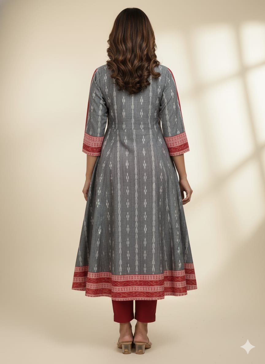 Grey Red Big Pasapali Designer A-Line Anarkali