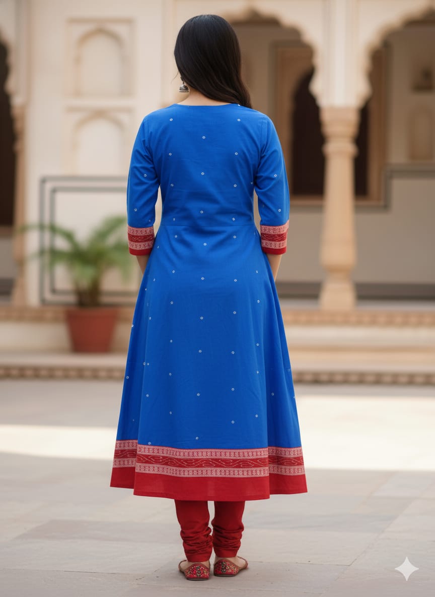 Blue Red Body Buti Pasapali Designer A-Line Anarkali