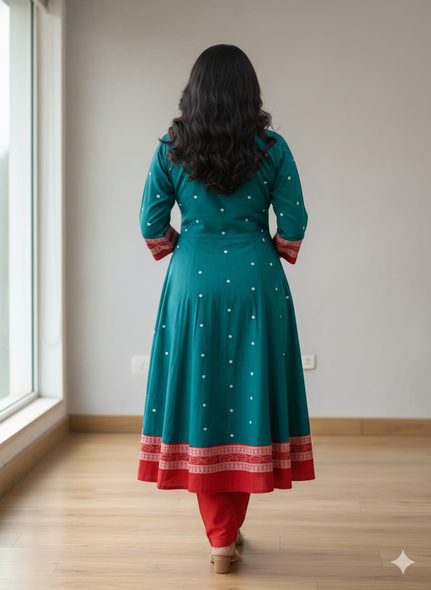 Rama Green Black White Pasapali With Flower Designer A-Line Anarkali