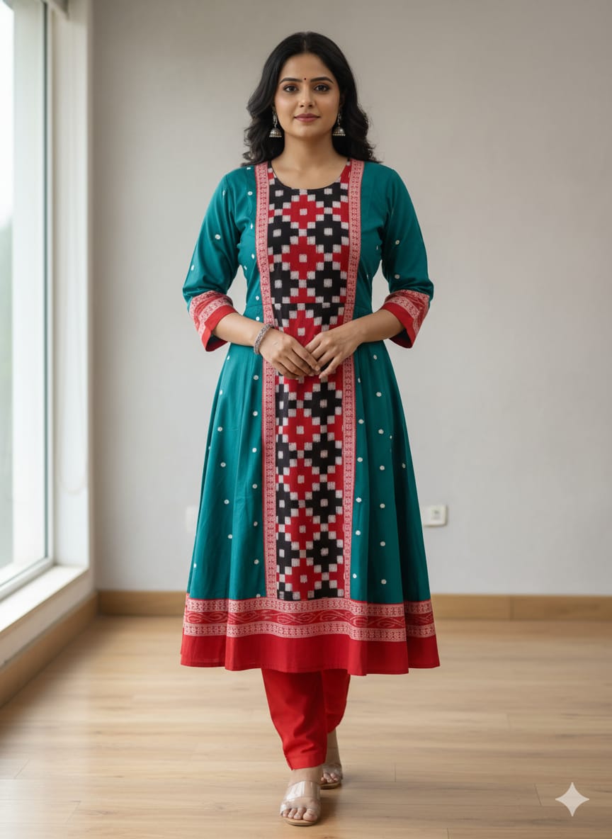 Rama Green Black White Pasapali With Flower Designer A-Line Anarkali