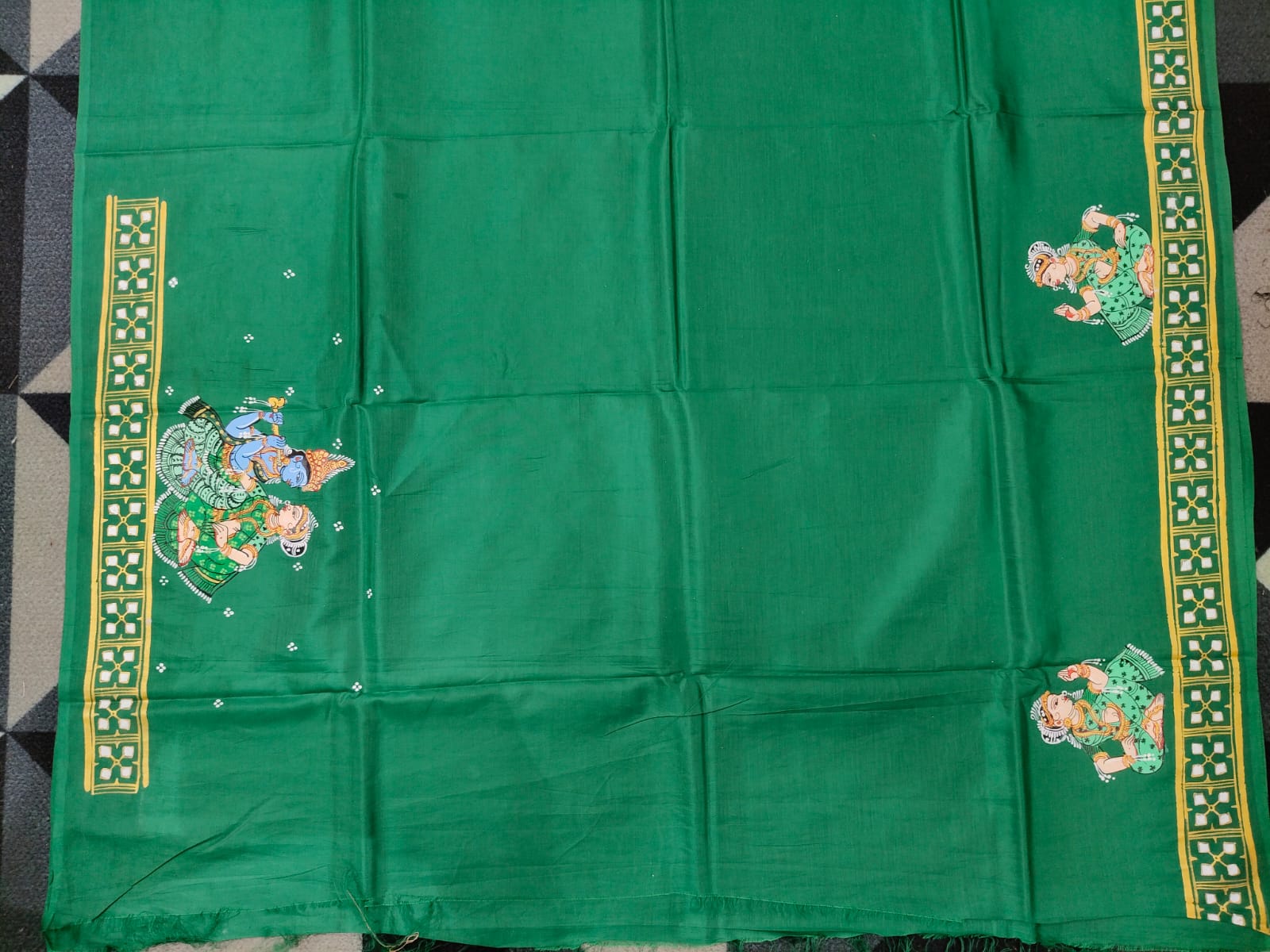 Green Radha Krishna Rasa Theme Pattachitra Khadi Silk Saree