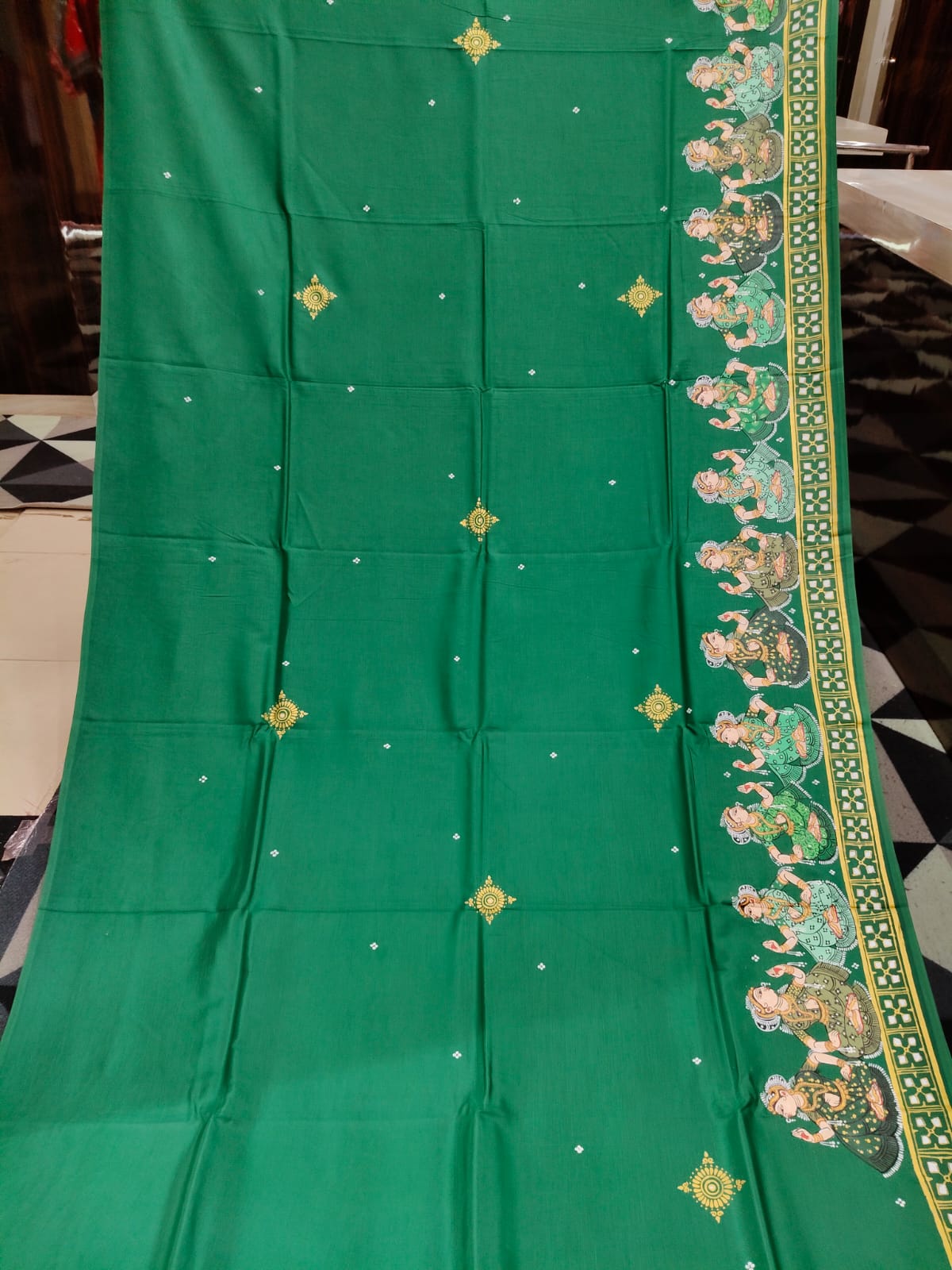 Green Radha Krishna Rasa Theme Pattachitra Khadi Silk Saree