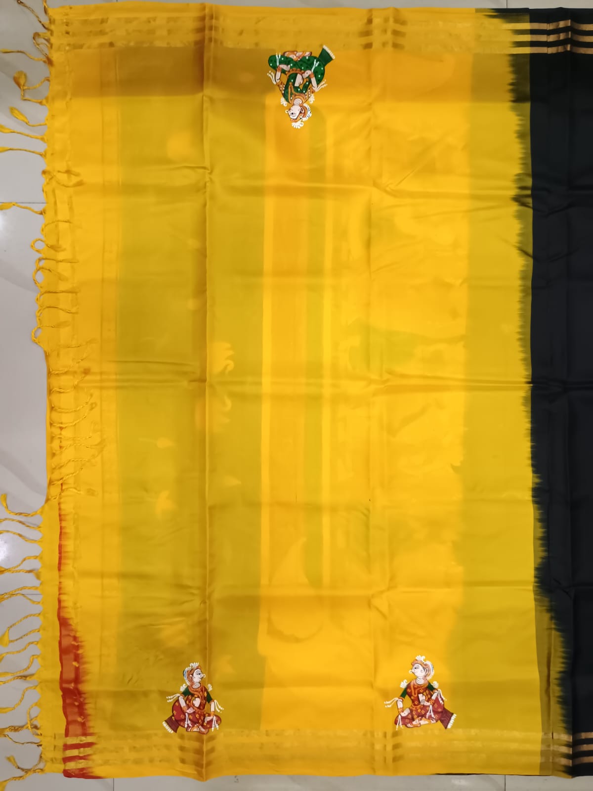 Black Yellow Big Box Boita Theme Pattachitra Kanjeeveram Silk Saree