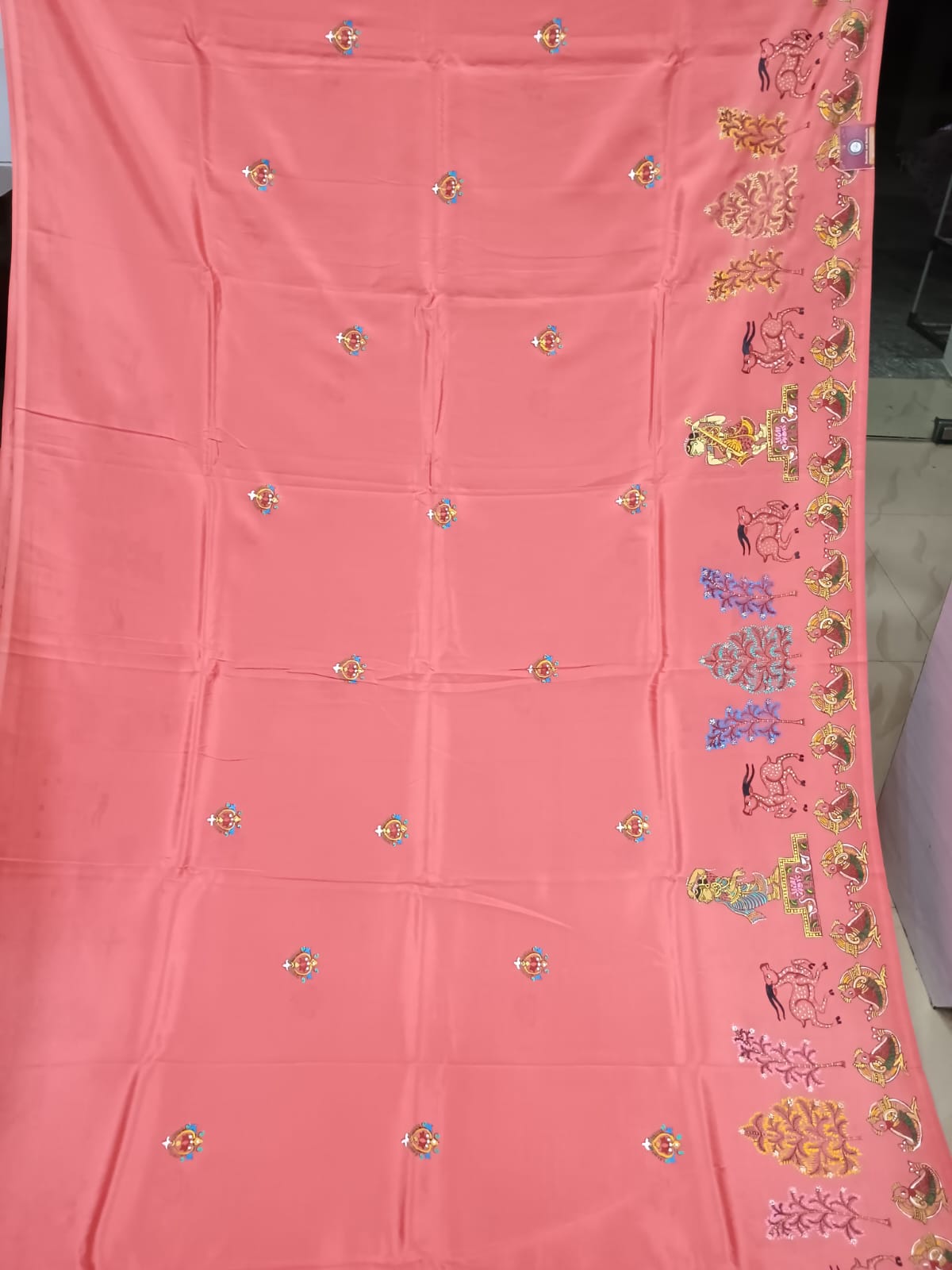 Peach Sakhi Rasa Theme Pattachitra Khadi Silk Saree