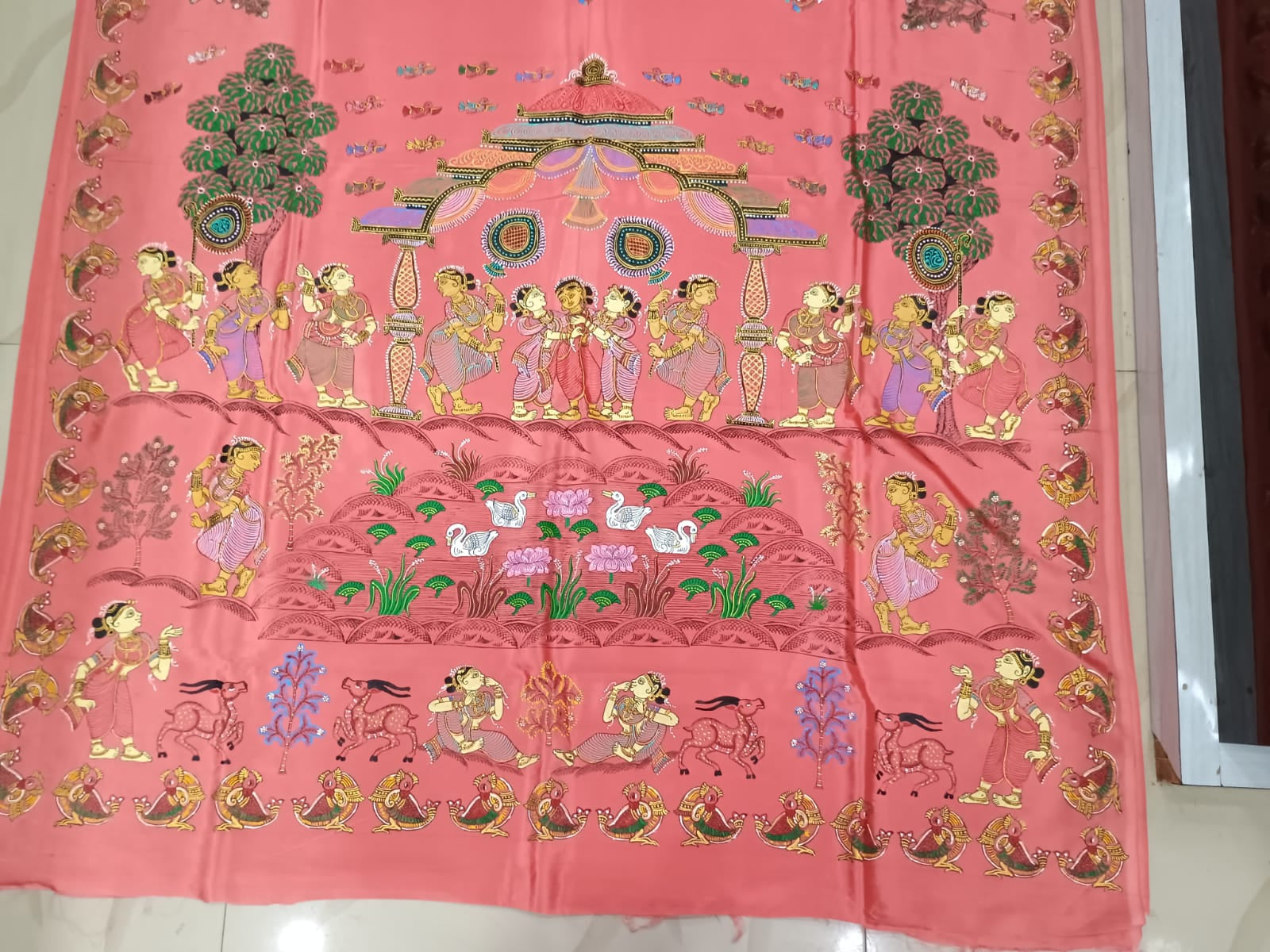Peach Sakhi Rasa Theme Pattachitra Khadi Silk Saree