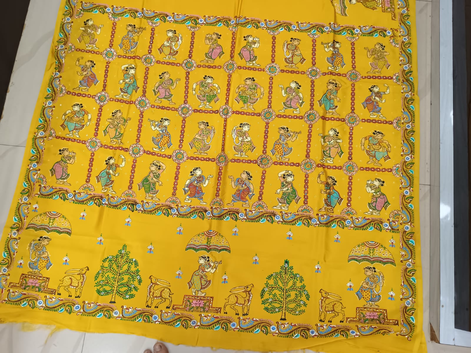 Yellow Dance Theme Pattachitra Khadi Silk Saree