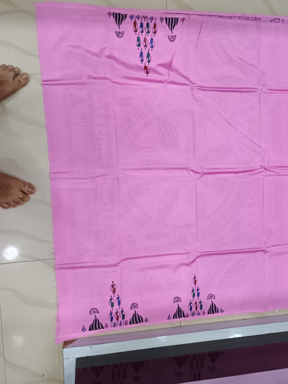 Pink Konark Wheel Tribal Theme Pattachitra Khadi Silk Saree